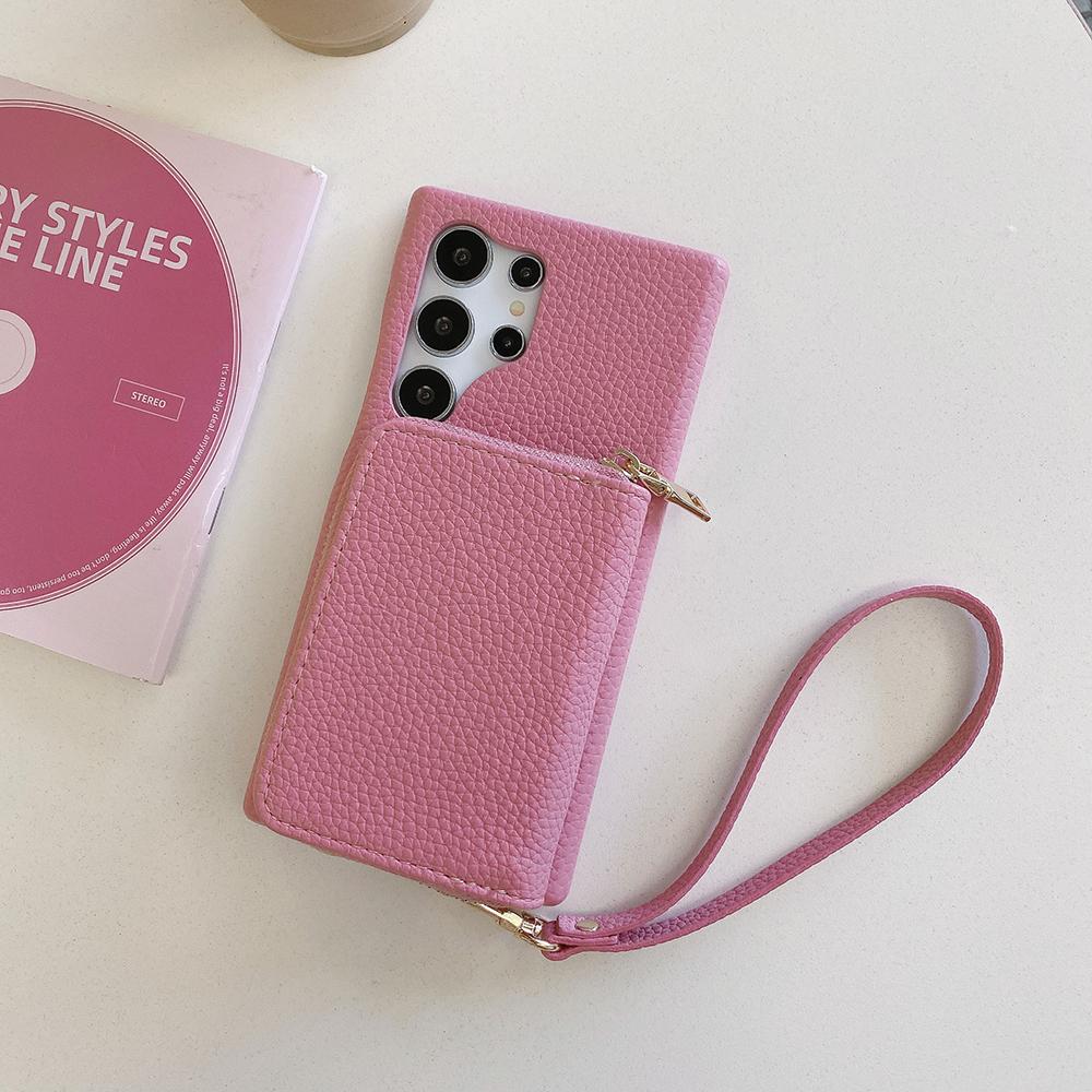 For Samsung Galaxy S25 Ultra Case Zipper Card Slots PU Leather Phone Back Cover with Wrist Strap