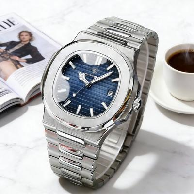 POEDAGAR 613 Luxury Casual Watch Fashion Square Dial Stainless Steel Calendar Luminous Waterproof Men Watch for Male Reloj Clock