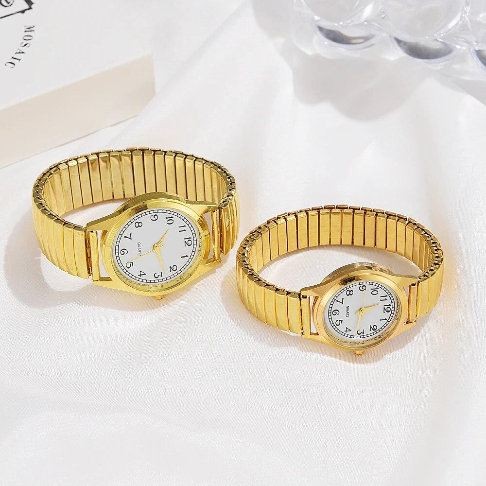 2 STÜCK Gold Retro Runde Zeiger Quarz Uhr Klassische Simulation Elastisches Armband Uhr Geeignet für Männliche und Weibliche Paare