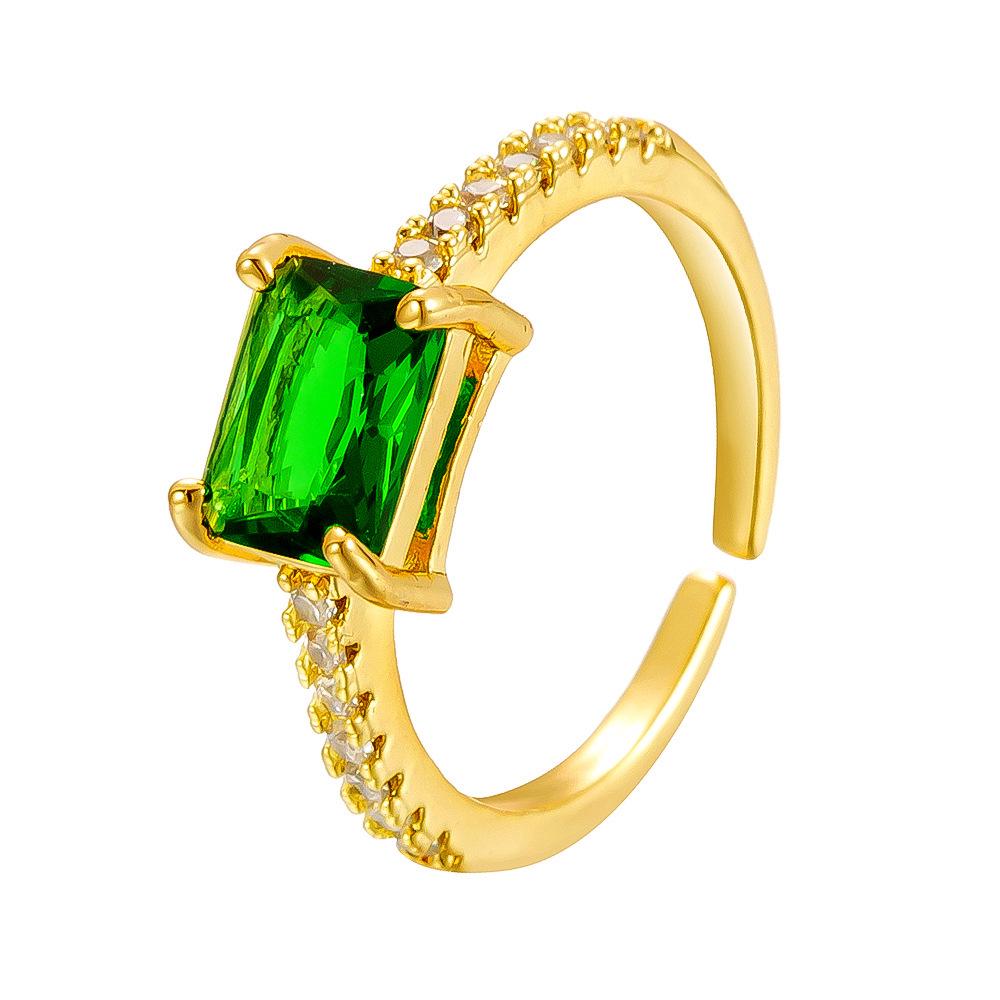 Retro Emerald Zircon Adjustable Open Ring with Inlaid Rhinestones - Women's European & American Fashion