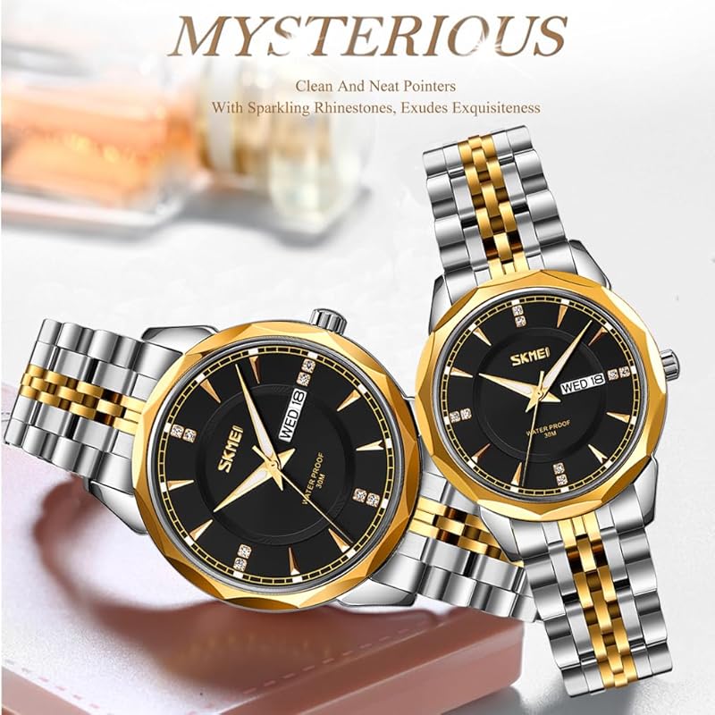 SKMEI Pair Couple Watches couple pair watch pair watch men's ladies clock set classic gold silver stainless steel band waterproof business luxury