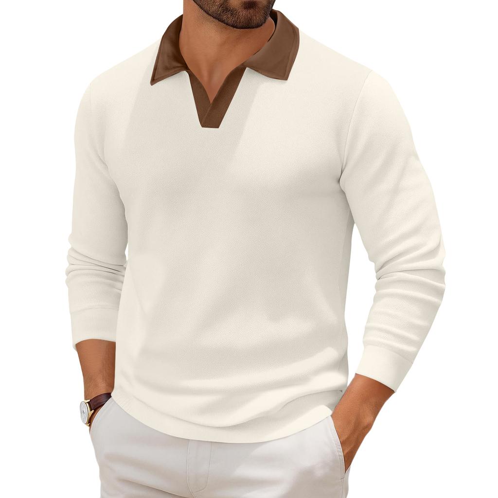Men's Casual Color-Block Collared Long-Sleeve Knit Base Layer Top