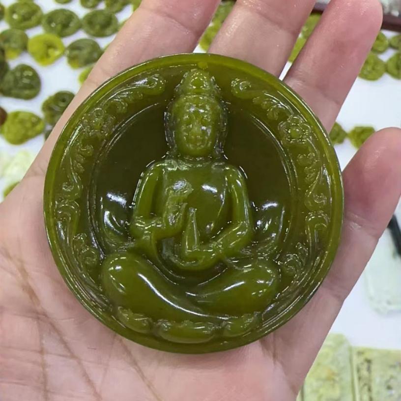 Xiuyu Jade Guanyin Pendant Necklace  Bracelet - Avocado Green Gemstone Charm D1