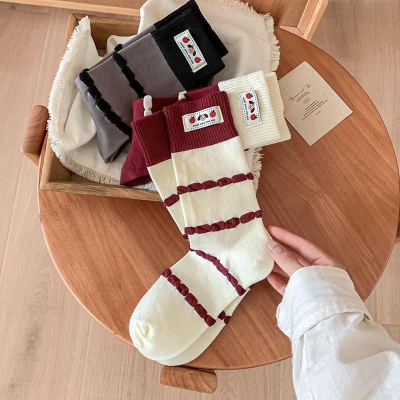 Female Spring and Autumn Color Bubble Stripes Cute Cartoon Dog Cloth Logo Boneless Tube Pile Socks