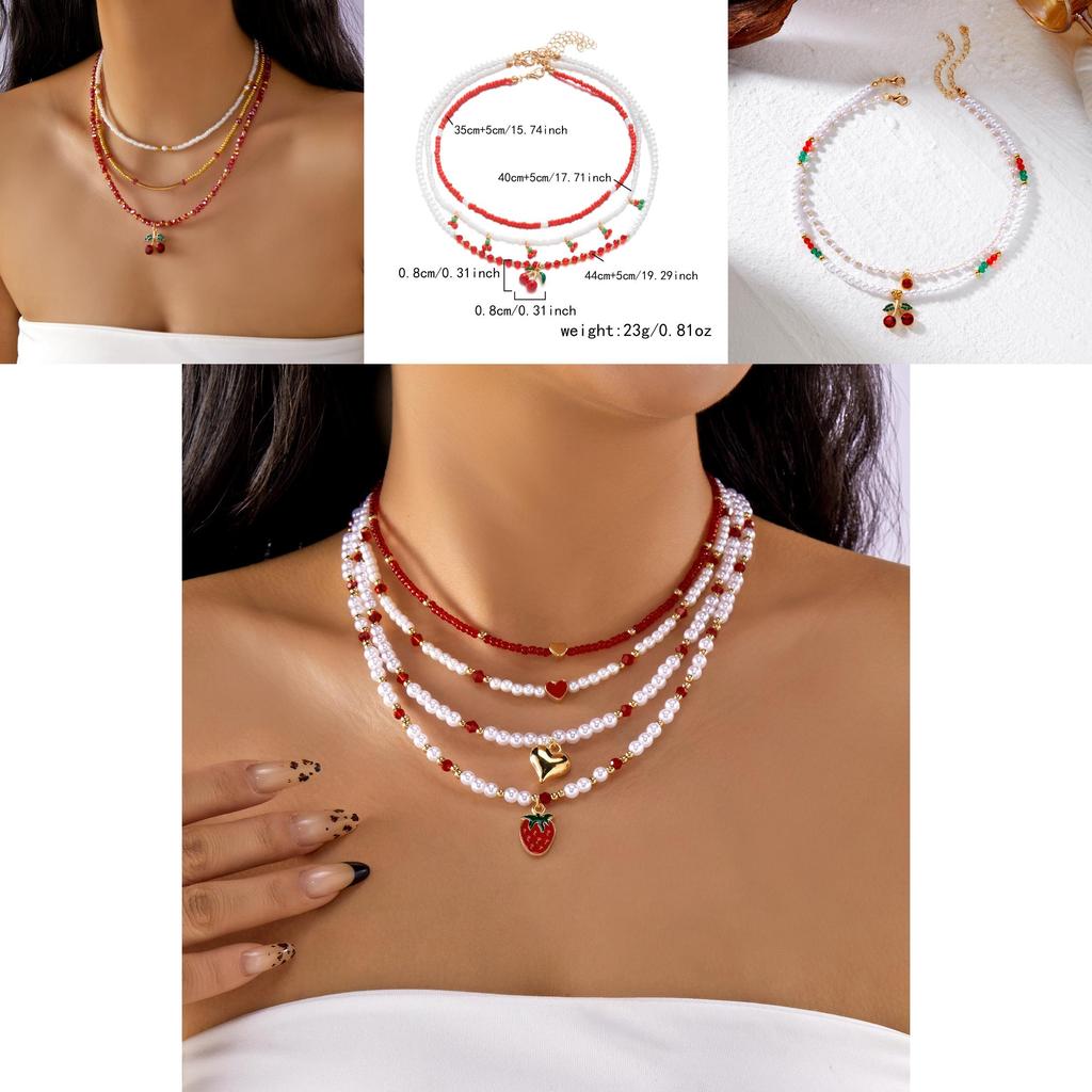 Romantic Heart Pearl Choker Necklace With Cherry And Strawberry Charms For Girls
