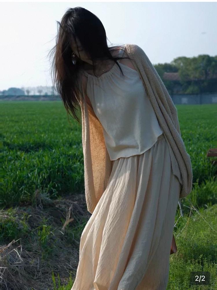 Women's High-End Retro Ice Silk Midi Skirt - Cotton, Linen, Slimming Fit, Large Hem, Floor-Length, Spring/Summer 2026