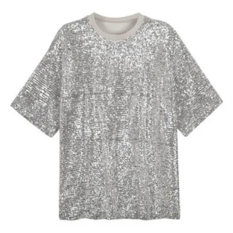 Koreanischer Frühling Sommer Midilänge BF-Stil Halbarm Pailletten T-Shirt Top Glänzend Locker Kleid