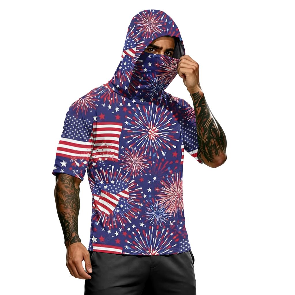 Men's Summer Independence Day Color Block Quick Dry Short Sleeve Tee, UPF 0+ UV Block Fishing & Sports Sun Hoodie