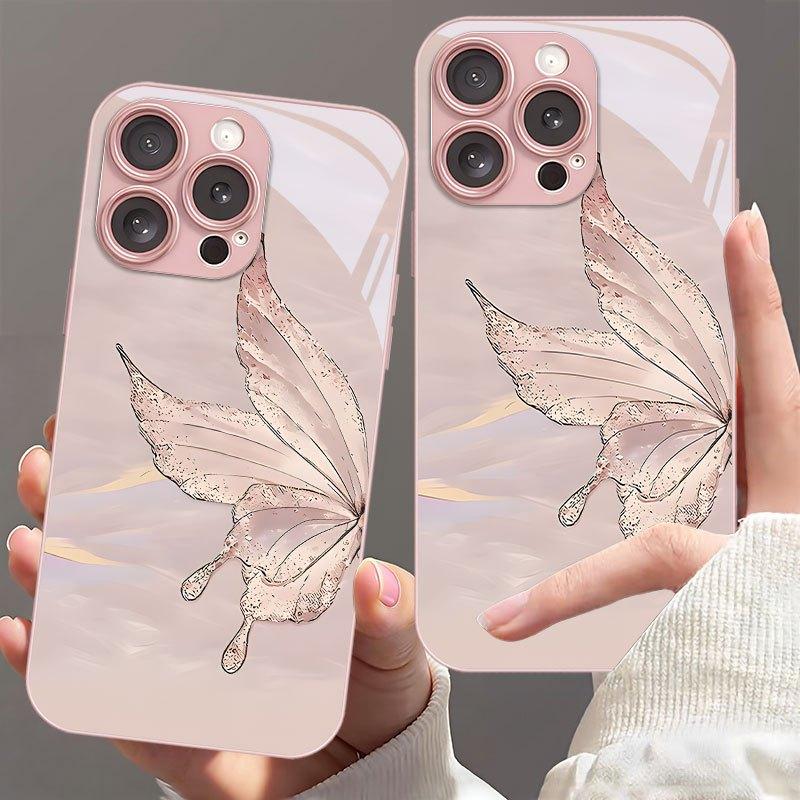 Butterfly wing design tempered glass phone case suitable for iPhone 17 16 15 14 13 12 11 Pro Max Plus shockproof back cover
