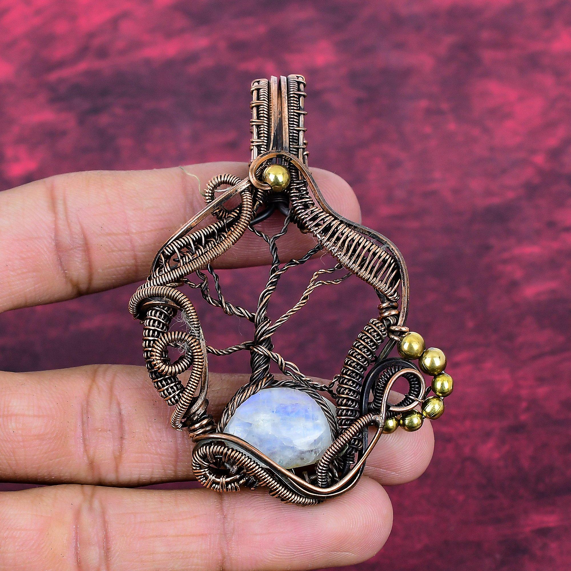 Tree Of Life Rainbow Moonstone Gemstone Pendant Copper Wire Wrapped Antique Jewelry
