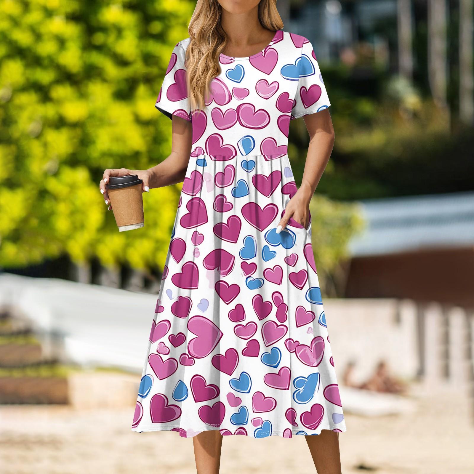 

Женское повседневное платье миди с круглым вырезом на День святого Валентина, классическое повседневное свободное платье с коротким рукавом XL