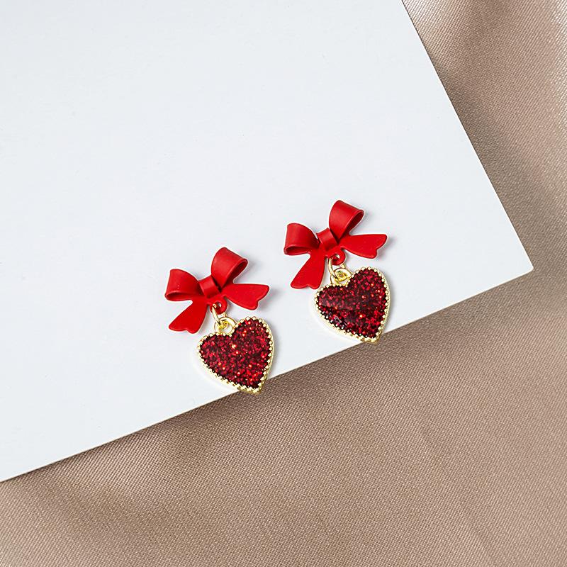Red Love Drop Oil Diamond Earrings Long Fringed Bow Peach Heart Girl Sweet Temperament Ear Jewelry