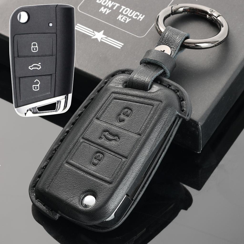 3 Button Genuine Leather Key Ring Case Cover Shell Holder Protect For Volkswagen Golf 7 2015-20  Skoda Fabia 2014-20 Seat Leon