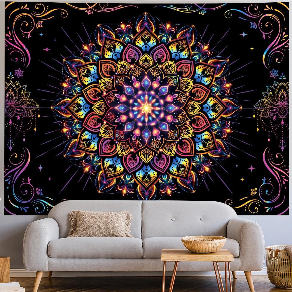 Amtoodopin Blacklight Mandala Tapestry UV Reactive Psychedelic Neon Tapestry Hippie Indian Bohemian Wall Tapestries Aesthetic Floral Tapestries Wall