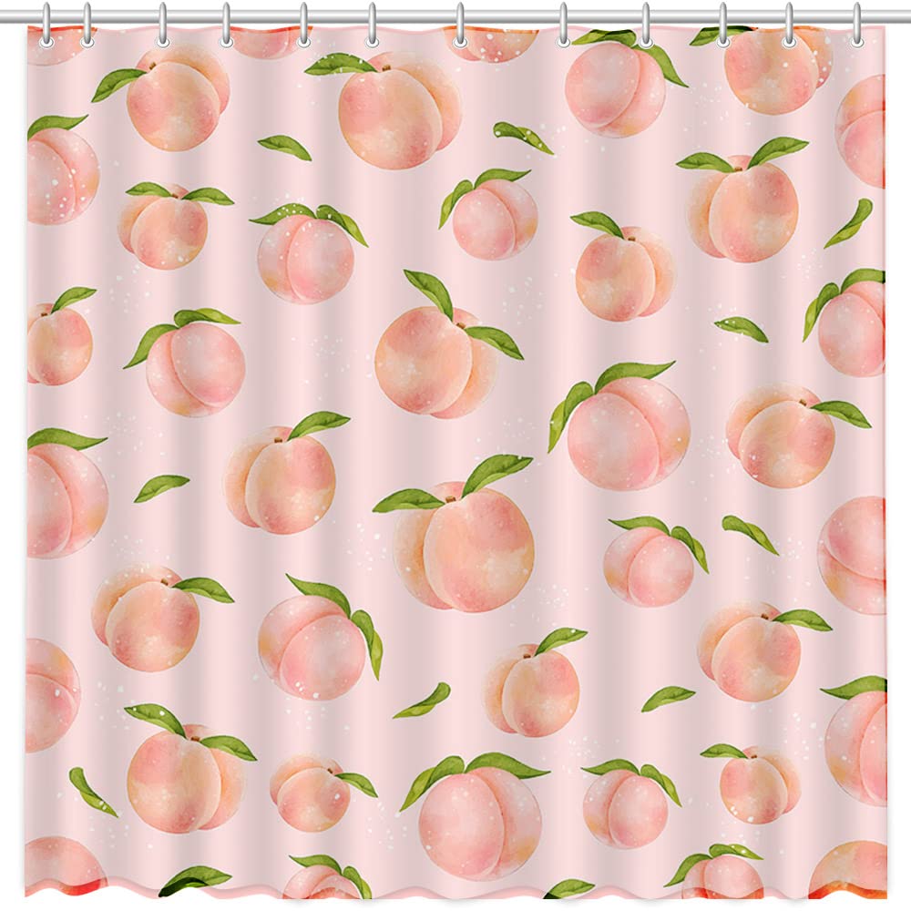 

Cute Peach Shower Curtain For Girly Bathroom,Cartoon Fruit Floral Colorful Bathroom Curtain Waterproof Fabric With Hooks W60H190(CM)-1 Pcs