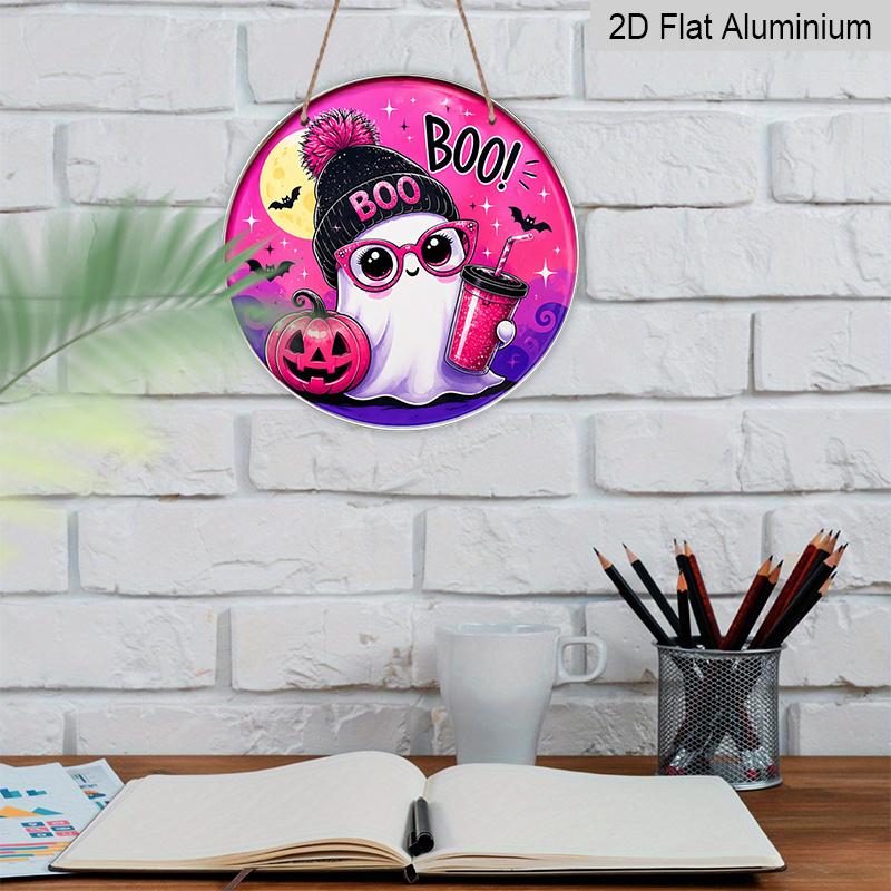 2D Flat, 1pc Round Aluminum Hanging Sign - Cute Pink BOO Decorative Signs, Halloween Holiday Party Metal Aluminum Plaque, Bar Porch Yard Living Room