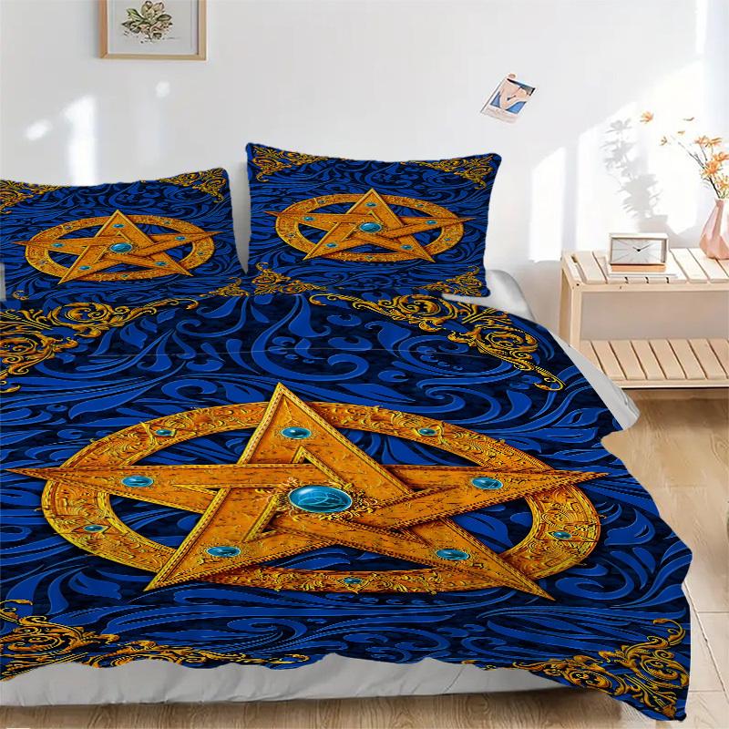 

3pcs Blue Golden Star Ornament Bedding Set - 1 Duvet Cover + 2 Pillowcases(Core Not Included), Machine Washable Polyester yy251216162 135x200cm