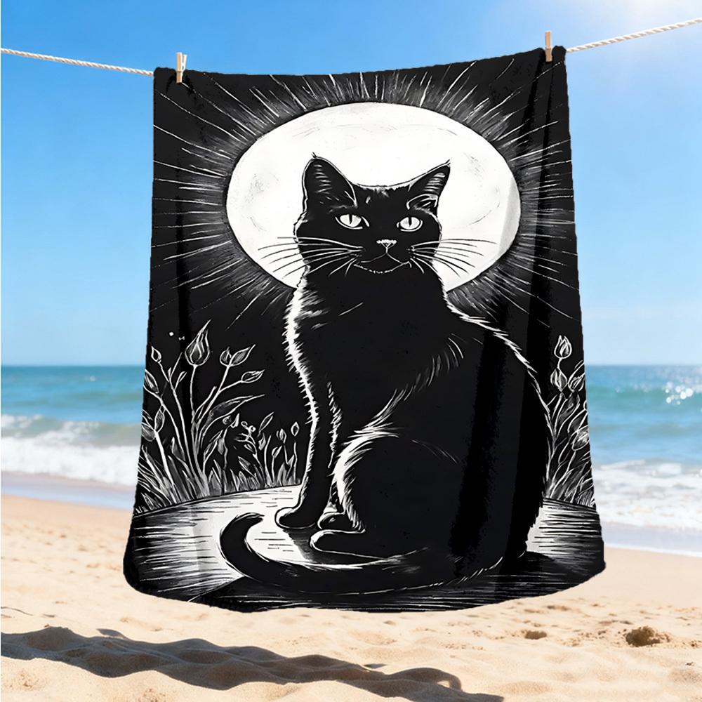 1pc Moonlit Cat Throw Blanket Polyester Fiber, Lightweight Flannel, Soft & Warm, All Season Use for Outdoor, Camping Digital Print