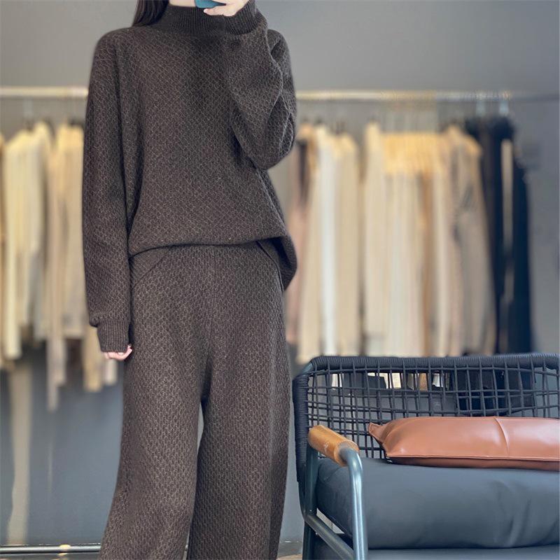 Women's Purple High Neck Wool Sweater & Wide-Leg Pants Set - Autumn/Winter Fashion