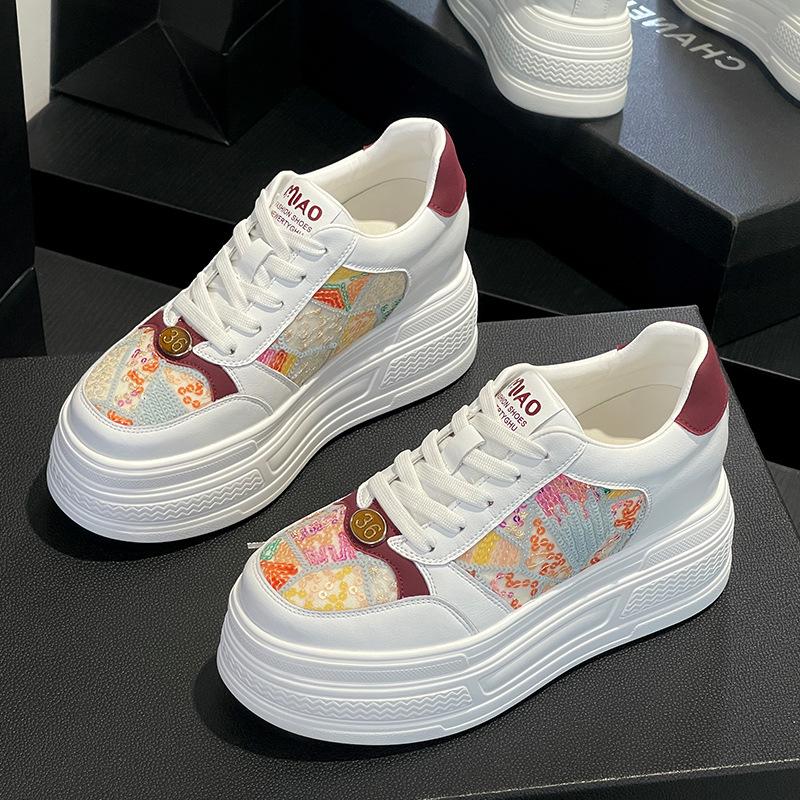 Кеды женские 2026 весна новые 9см подошва-губка дышащие кеды корейская версия натуральная кожа сетка женская обувь 39