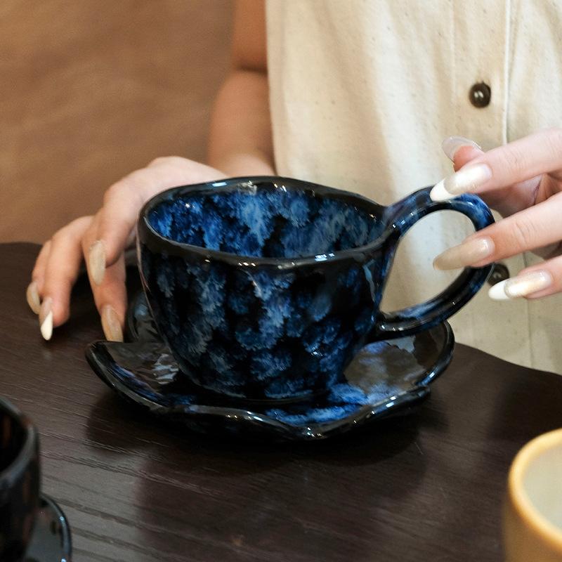 Retro kiln-changed coffee cup and saucer set, high-end exquisite mug, high-end latte cup, afternoon teacup gift