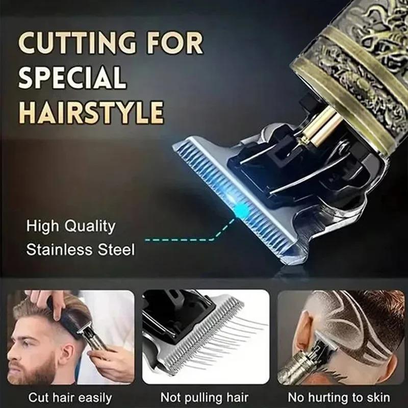 Vintage T9 Barber Clipper Rechargeable Cordless Hair Trimmer Kit For Men Professional Grade With Dragon Engraved Retro Design