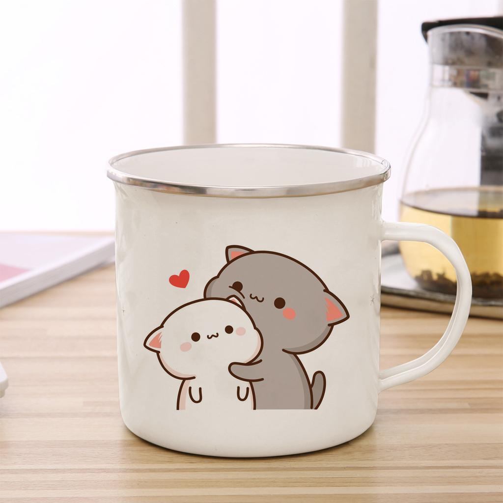 Peach and Goma Cat Enamel Coffee Tea Cup Cute Animal Breakfast Dessert Milk Water Cup Couple Gift
