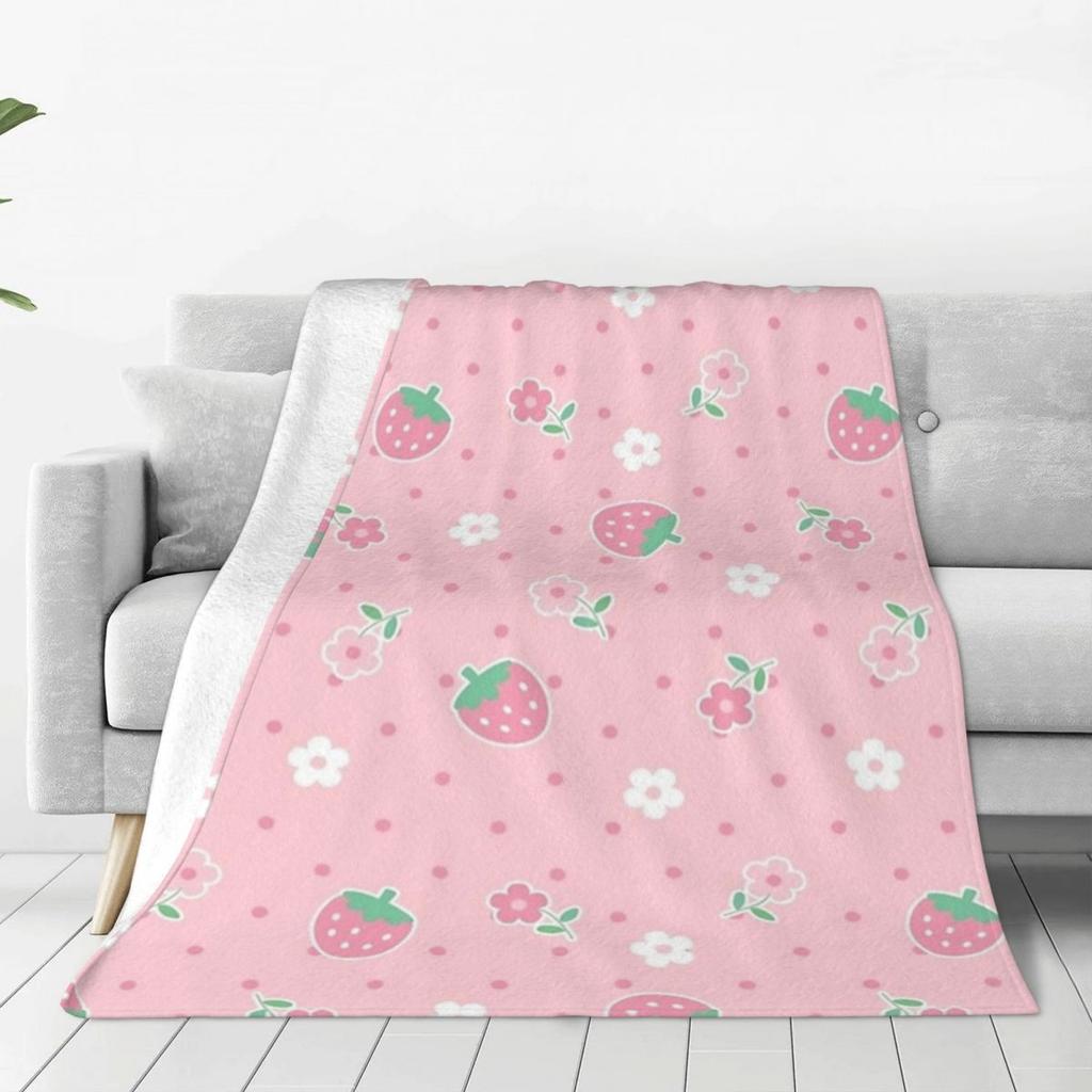 Strawberries Pink Flowers Dots Kawaii Blanket Cover Velvet Cute Pastel Sakura Soft Throw Blanket for Airplane Travel Bedspread