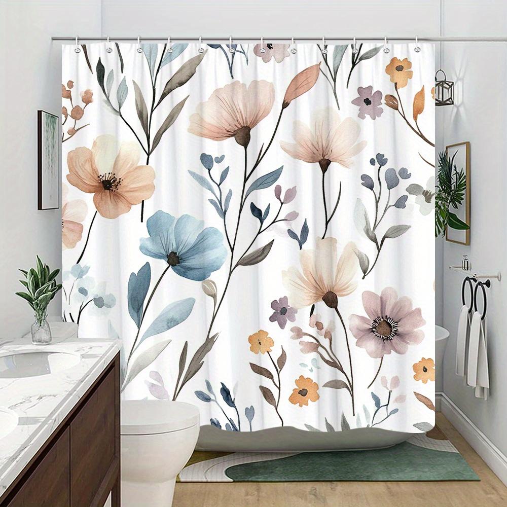 1 Pastel Floral Shower Curtain, Blue And Purple Watercolor Pattern With Elongated Leaves, With Hooks, Machine Washable Polyester
