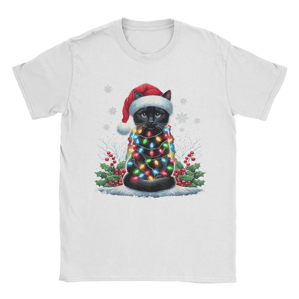 Black Cat Christmas Santa Hat Funny Meowy Cat T-Shirt Man Streetwear T-Shirts O Neck Tee Shirt Hot Sale Oversized Clothing