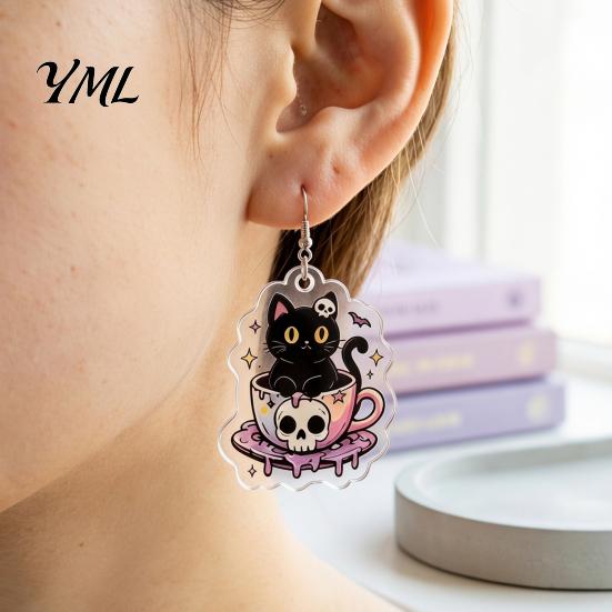 Lightweight Daily Wear Earrings 1 Pair Halloween for Women, 2D Acrylic Teacup Black Cat Women Dangle Drop Earrings, Gothic Cartoon Jewelry Party,