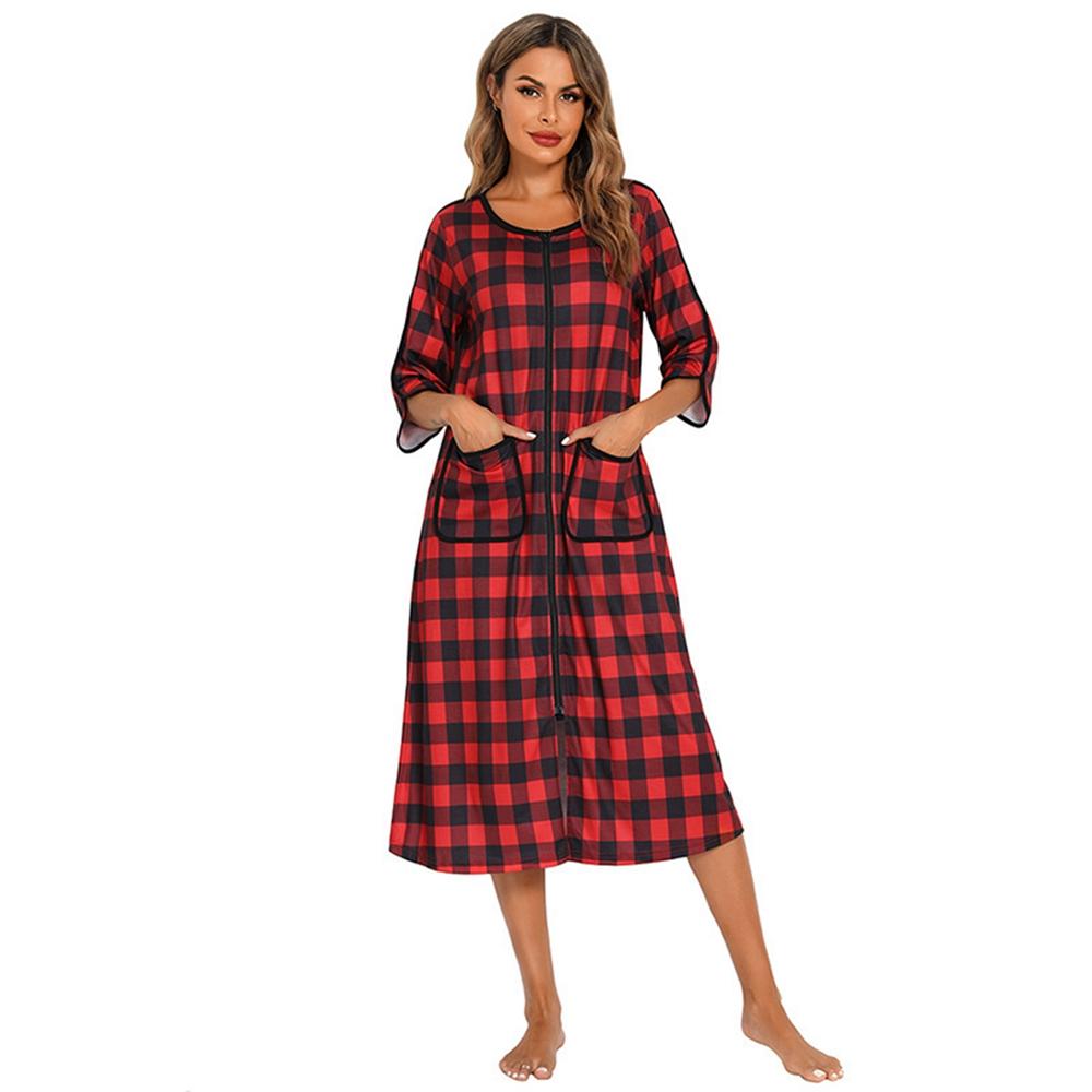 Autumn Winter Lady Zip Up Sleepdres Loose Nightgowns Spa Bathrobe Crewneck Soft Striped Sleepshirt Loungewear Sleepwear with Pockets