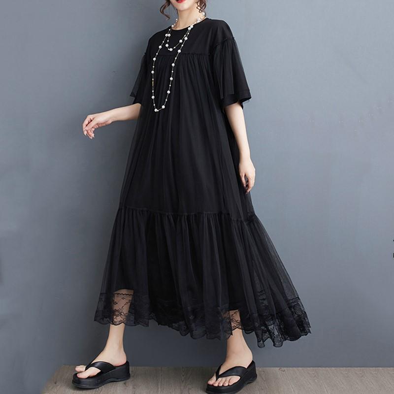 Short Sleeve Plus Size Black Cotton Mesh Vintage New In Dresses for Women Casual Loose Long Summer Dress