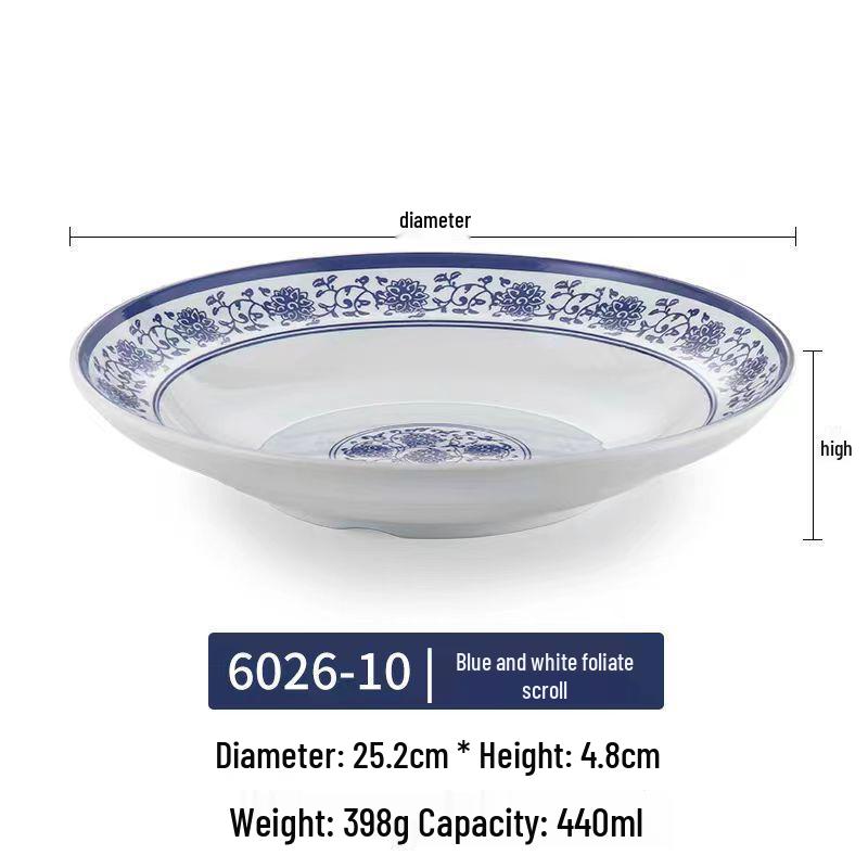 Modrobílý hluboký talíř z melaminu ve stylu porcelánu pro ryby, polévky a komerční použití