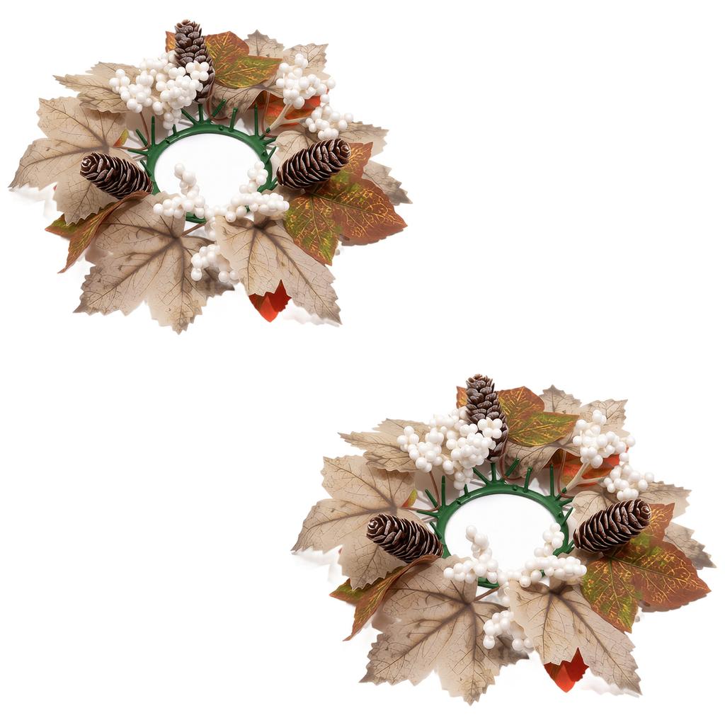 2 Piece Artificial Maple Leaf Berry Pinecone Candle Ring Wreath Set for Autumn Table Centerpiece Decor Home Display