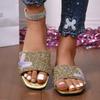 New large size flat bottom beach cool slippers women's new square head comfortable versatile rhinestone sandals