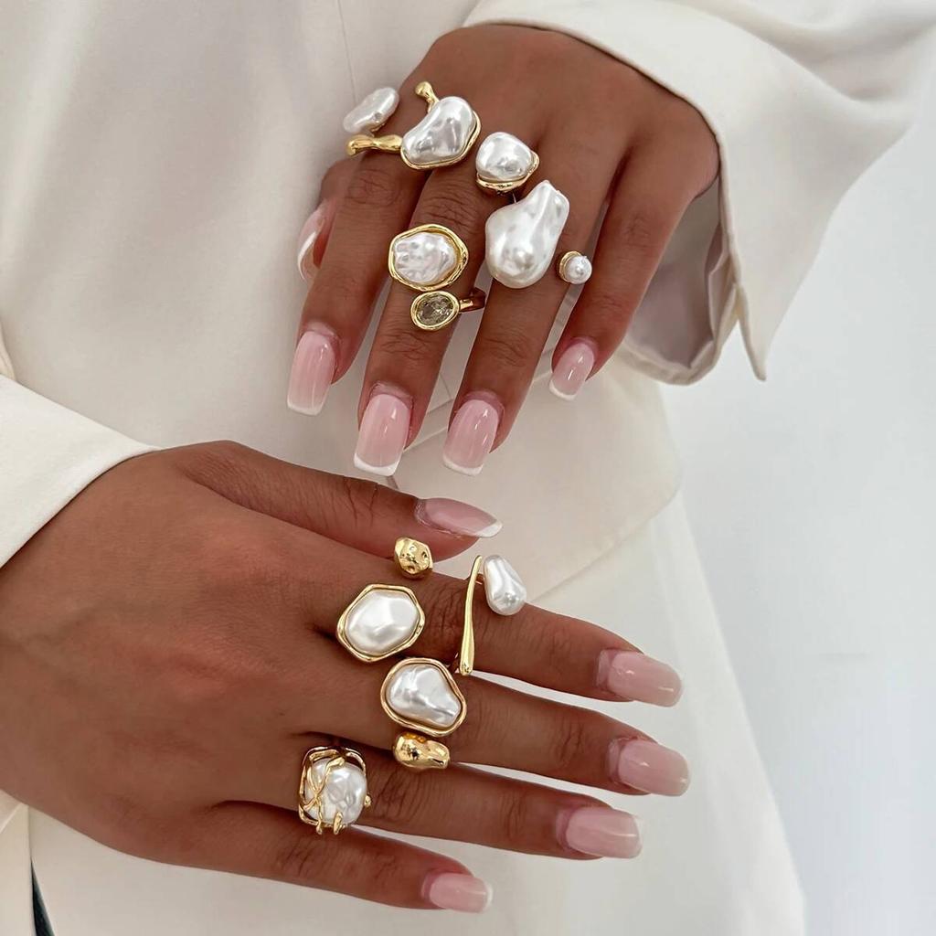 Salircon Vintage Exquisite Imitation Pearl Open Rings Women Trendy Irregular Geometric Adjustable Knuckle Joint Ring Y2K Jewelry