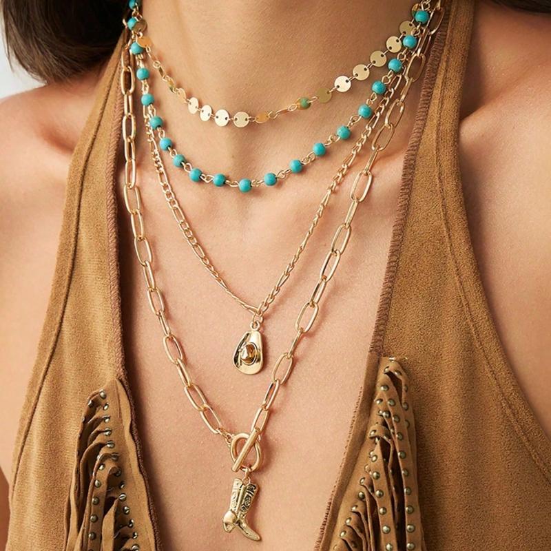 Vintage Western Style Metallic Sequin Hat Cowboy Boot Pendant Charm Necklace Bohemian Decorative Jewelry Set for Women Daily