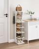 VASAGLE 7-Tier Vertical Shoe Rack, Narrow Shoe Storage Organizer with Hooks, Thin Wooden Shoe Shelf