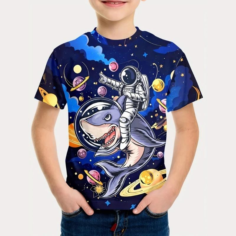 2025 Kids Clothes Summer Cartoon Astronaut Round Neck Short Sleeve Graphic T Shirts Fun Children's Clothing T-Shirt for A Boy