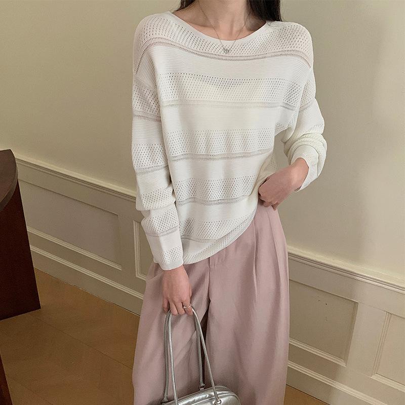 

Tencel one-word neck knitted long-sleeved women s summer new loose and thin casual versatile top thin One Size белый