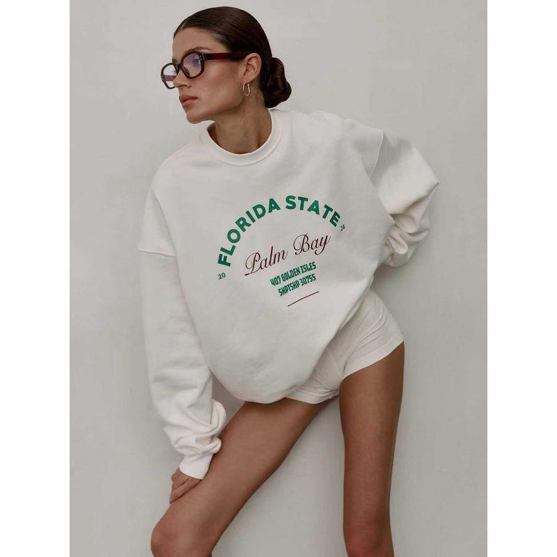 

Western Style Letters Print Casual round Neck Hoodie Loose Top Letter Printed Casual Top White L