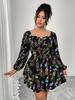European and American Style Cross-border Square Neck Puff Sleeve Printed Cake Dress