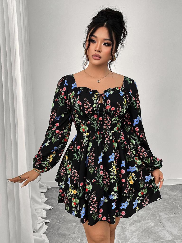 European and American Style Cross-border Square Neck Puff Sleeve Printed Cake Dress