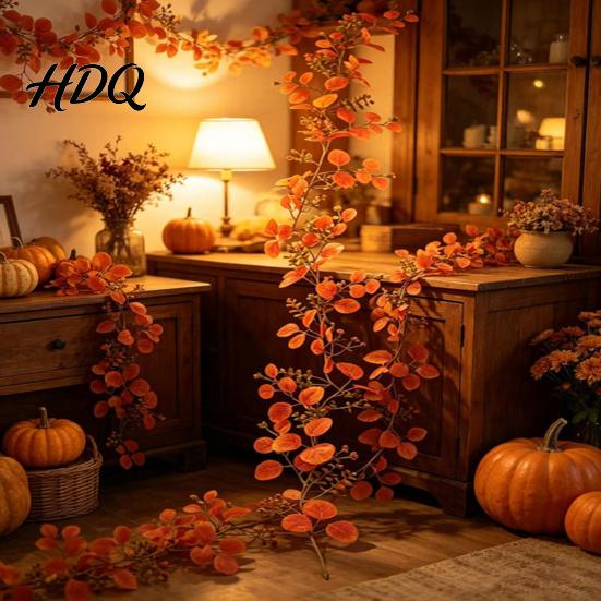 Reusable Floral Arrangement for Gift Box Artificial Fall Eucalyptus Garland Autumn Money Leaf Vine Faux Greenery Lifelike Plastic Plants Table