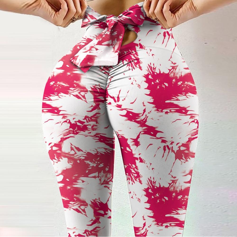 New Arrival Fitness High-Stretch Sweat-Wicking Digital Print Bow-Tie Drawstring Trousers Leggings High-Waisted Slim-Fit Yoga Pants for Women