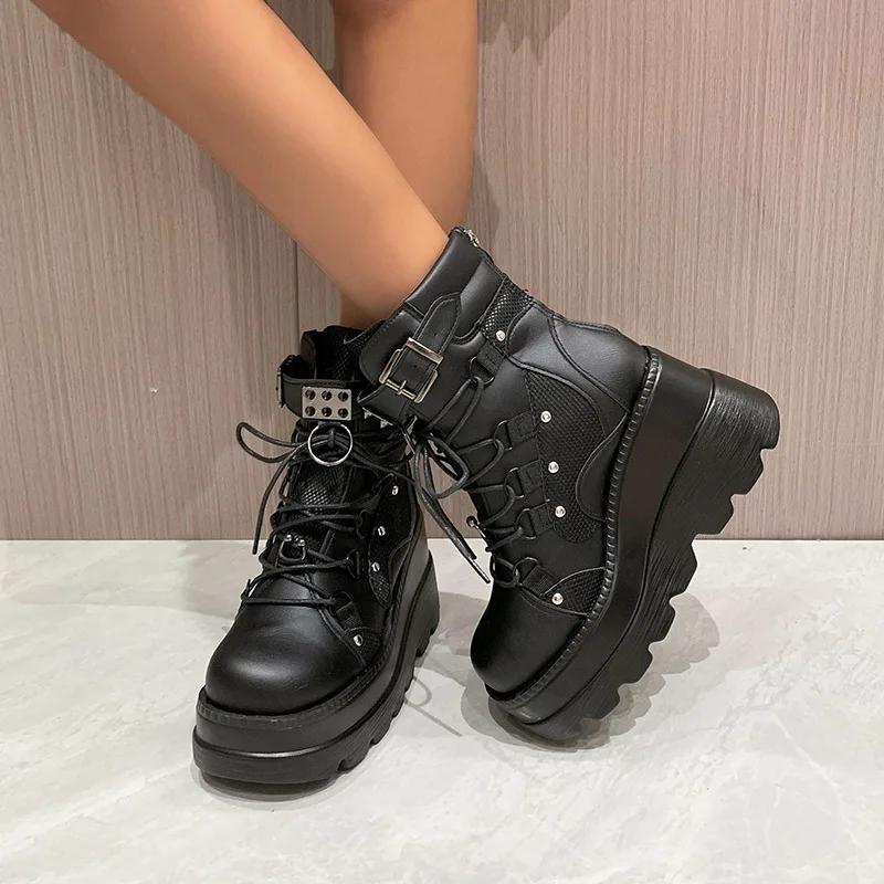 New Design Women Punk Gothic Motorcycle Boots Platform Chunky High Heel Ankle Boot Ladies Cool Wedge Black Female Shoes