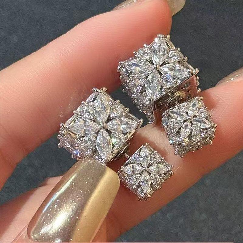 Silver Needle Super Flash Zircon Square Two-wear Stud Earrings Fashionable and Elegant Temperament Earrings Light Luxury High-end Earrings Wholesale