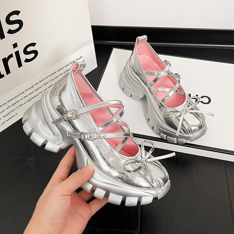 In Stock 2026: Silver Thick Heel Platform Loafers for Petite Women - French Mary Jane Style