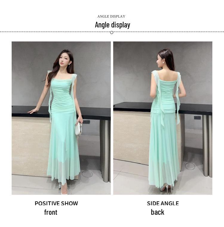 Elegant French Fairy Mesh Camisole Maxi Dress - Travel, Resort, Pleated, Cinched Waist, Hip-Hugging Mermaid Style for Women.